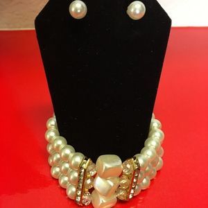 Faux Pearl and Rhinestone Bracelet and Earring Set